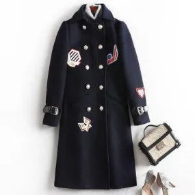 Badge Embroidered Woolen Coat For Women