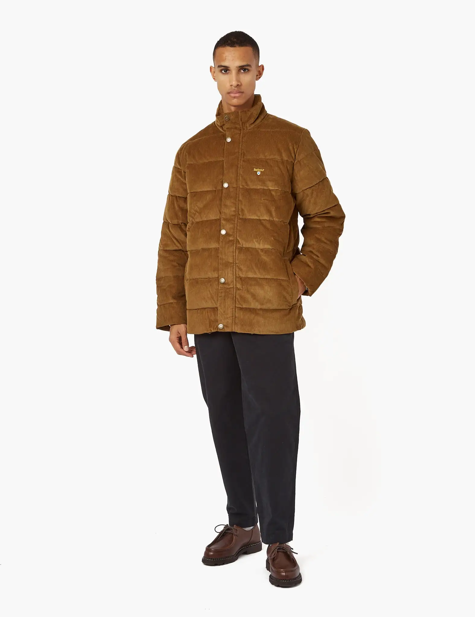 Barbour Crested Baffle Quilt Coat (Cord) - Beige/Ivy Tartan