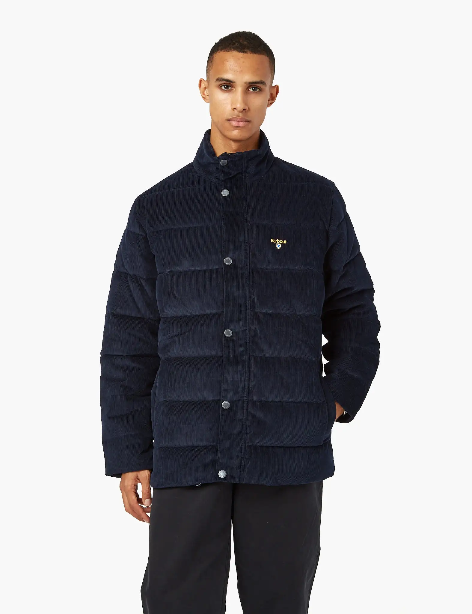 Barbour Crested Baffle Quilt Coat (Cord) - Navy Blue/Ivy Tartan