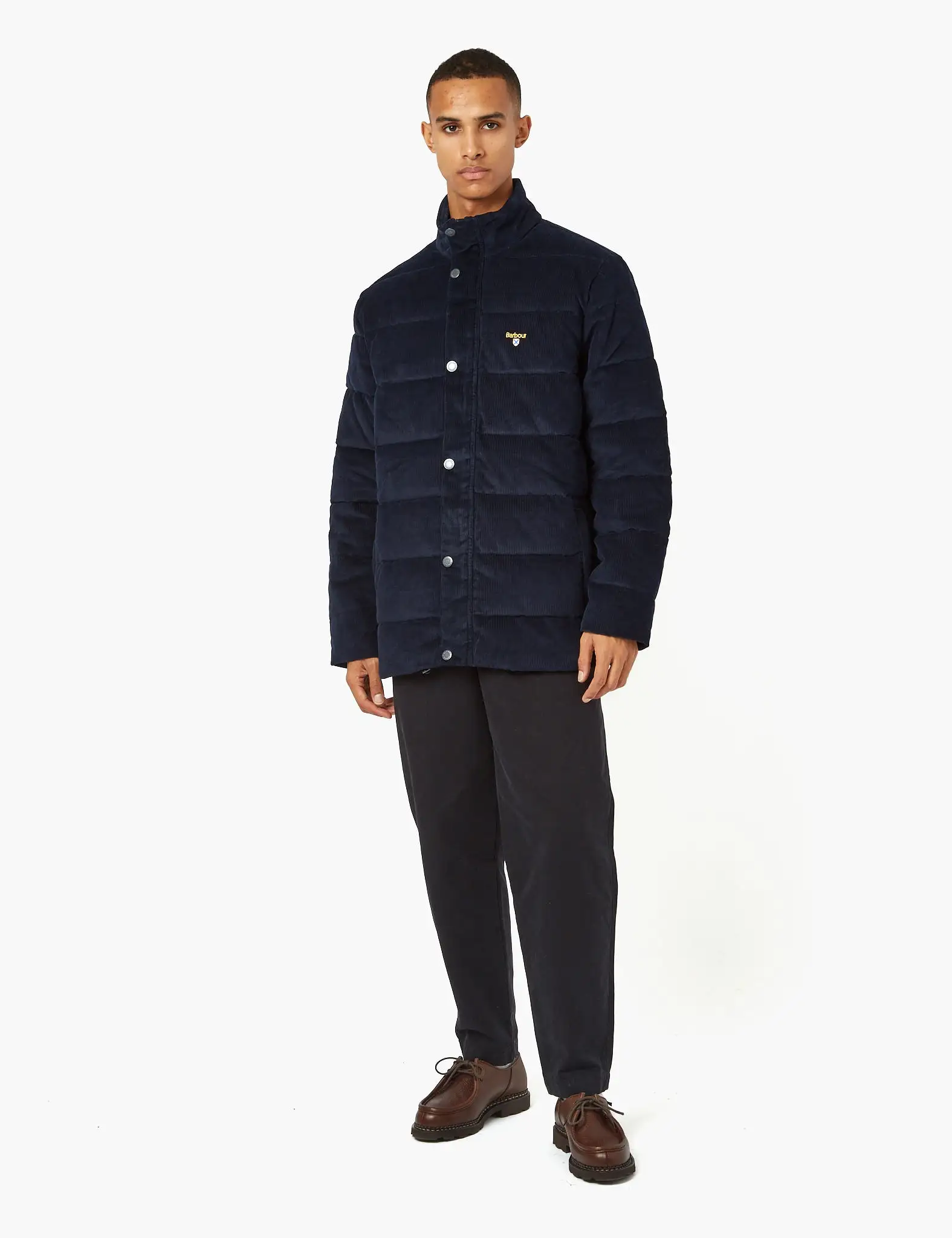 Barbour Crested Baffle Quilt Coat (Cord) - Navy Blue/Ivy Tartan