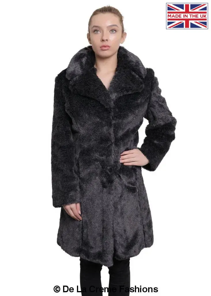 De La Creme - Womens Faux Fur Large Lapel Mid Length Coat