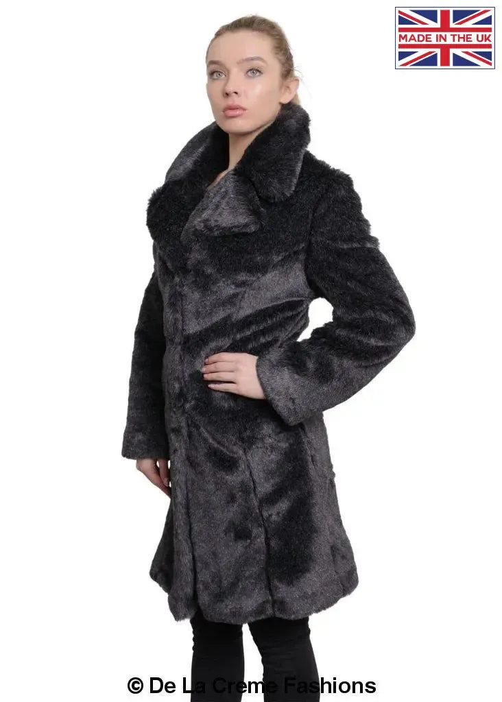 De La Creme - Womens Faux Fur Large Lapel Mid Length Coat