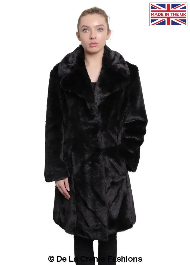 De La Creme - Womens Faux Fur Large Lapel Mid Length Coat