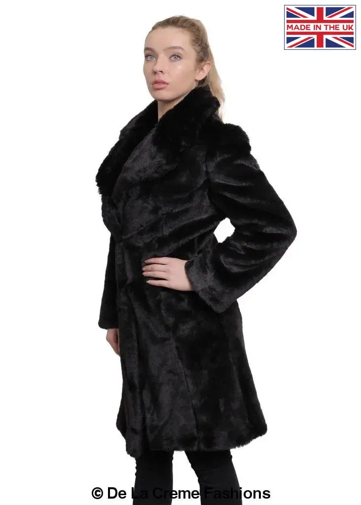 De La Creme - Womens Faux Fur Large Lapel Mid Length Coat