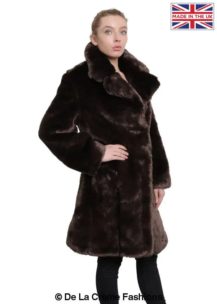 De La Creme - Womens Faux Fur Large Lapel Mid Length Coat