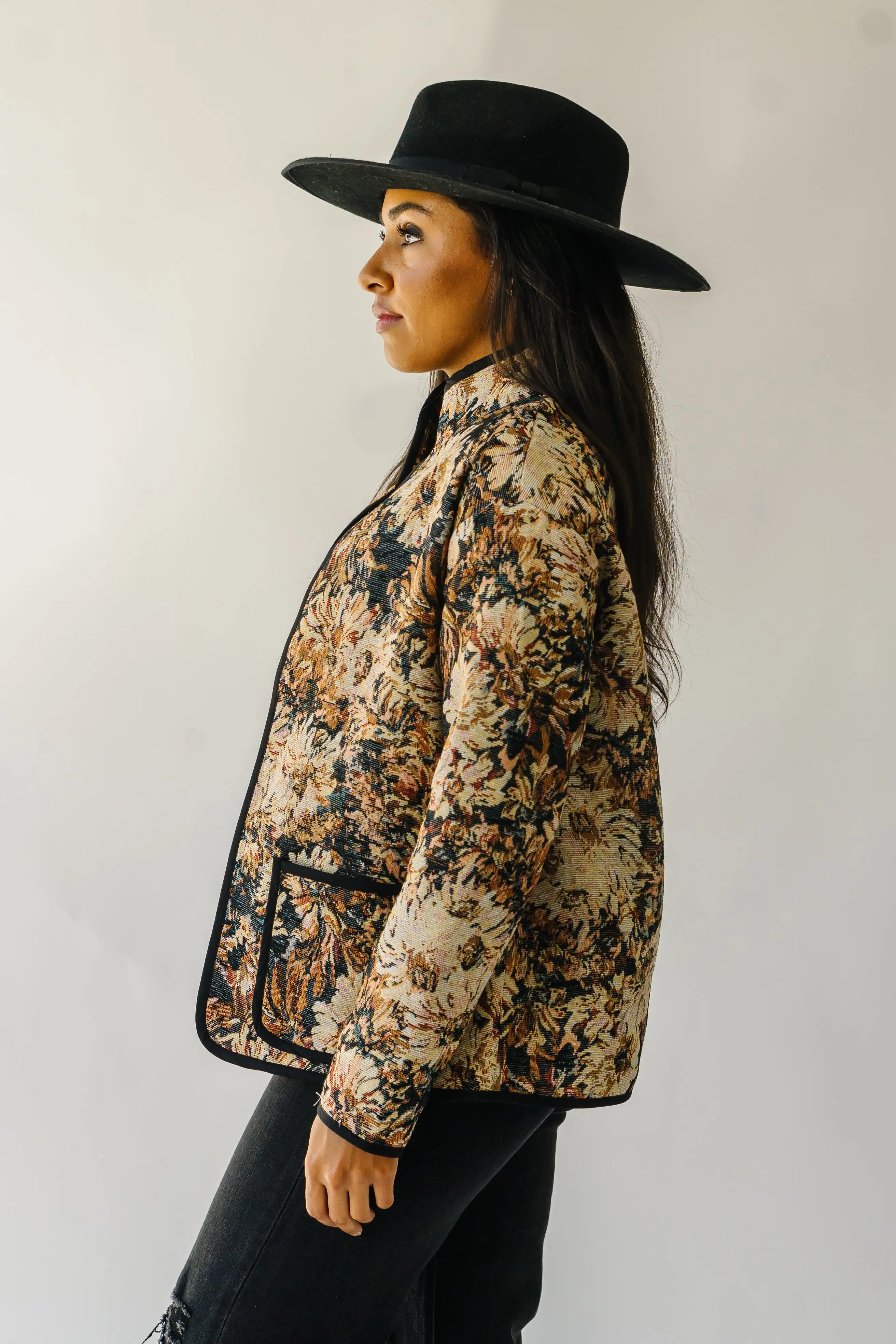 The Ellenton Floral Tapestry Jacket in Black + Natural