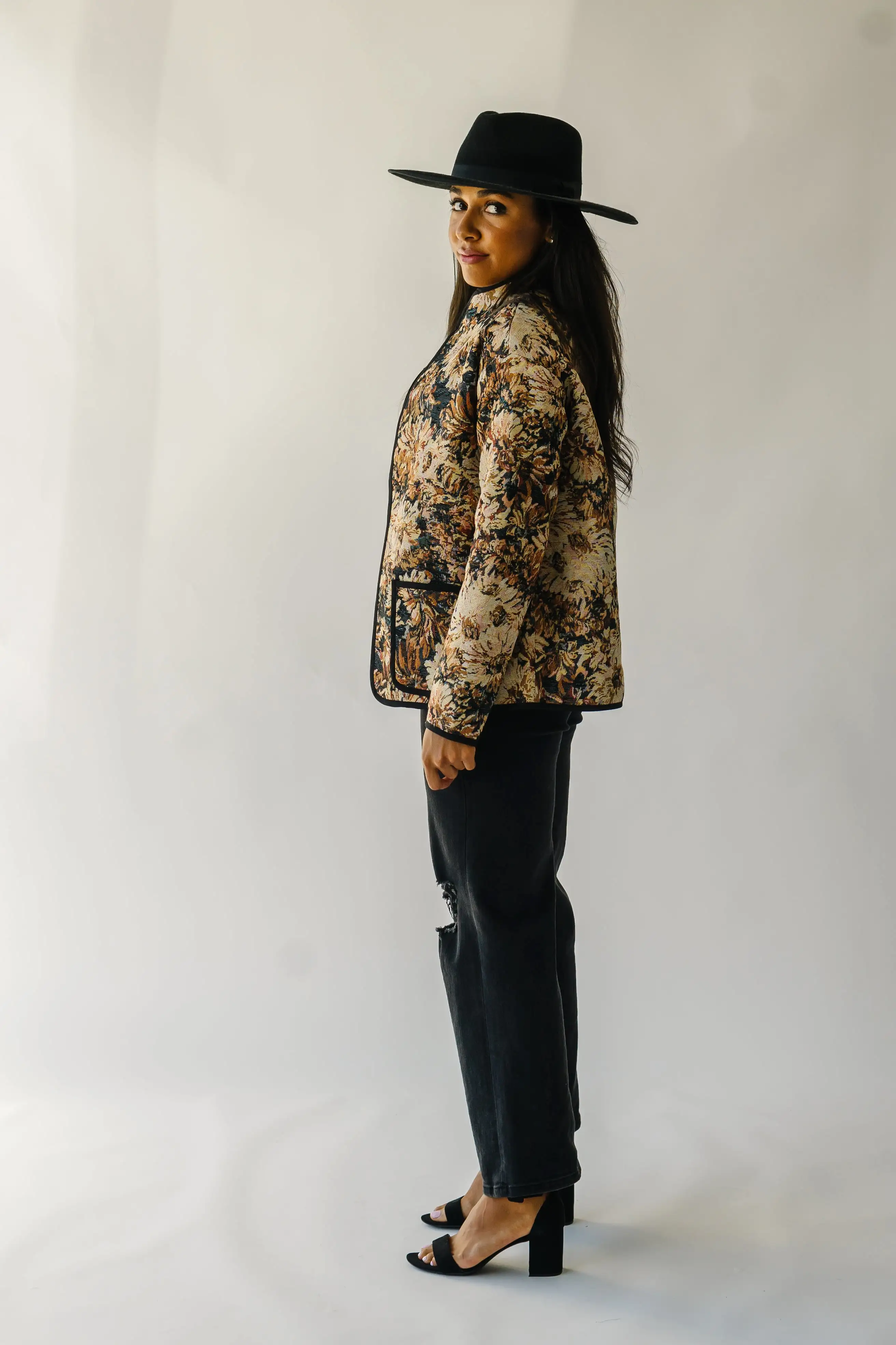 The Ellenton Floral Tapestry Jacket in Black + Natural