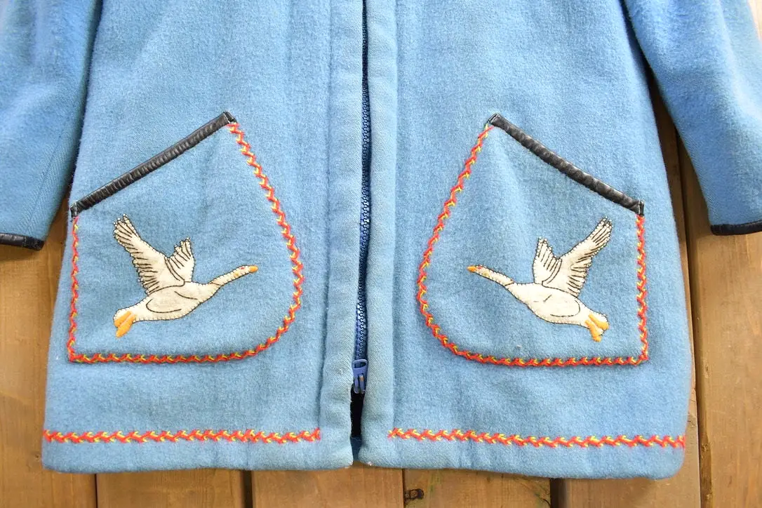 Vintage 1970s Goose Theme Embroidered James Bay Long Jacket / Fur Collar / Winter Duffle Coat / Made In Canada / Pure Virgin Woo