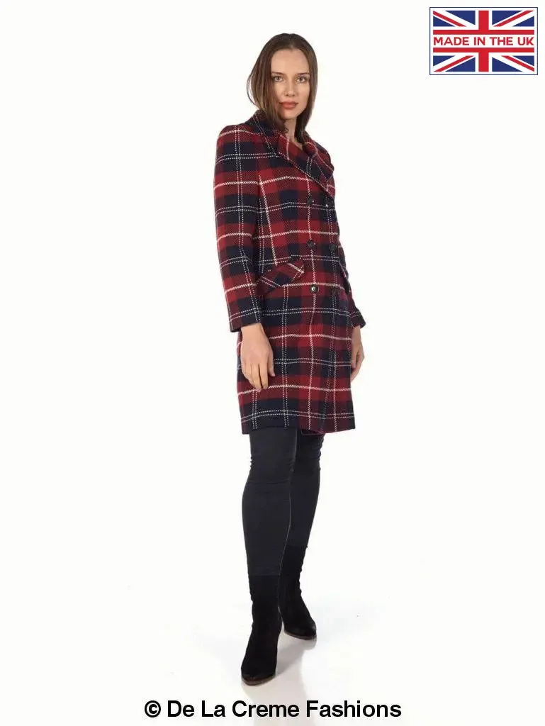 Wool Blend Tartan Check Double Breasted Coat